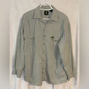John Deere size large green white stripe cotton button up work shirt